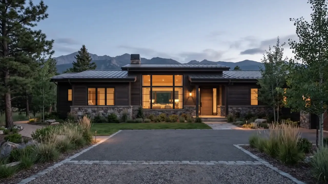 Front of a modern mountain home at dusk